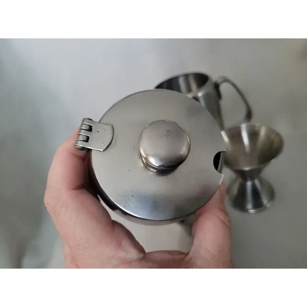 Vtg Sunnex 18-8 Tea Set Stainless Steel Pot Creamer Sugar Bowl Bar Ware